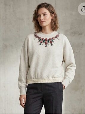 Sacai Luck Grey Gem Embellished Cinch Hem Sweatshirt Size 1 Small AW14